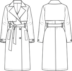 Women's Pu Longline Trenchcoat. Technical fashion illustration. Front and back, white color. Women's CAD mock-up.