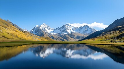 Fototapeta premium Majestic Snowcapped Mountain Range Reflected in a Calm Lake