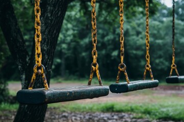 Old and Rustic Swings in a Quiet Forested Area During Rain