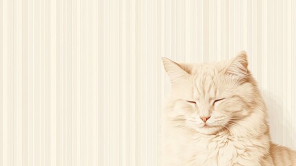 Fluffy Cream Cat Napping Against Striped Wall