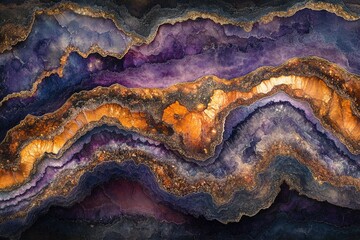 Obraz premium Abstract artwork depicting a geode with vibrant purple, gold, and black hues, resembling a mesmerizing geological formation.