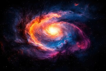 Obraz premium A vibrant spiral galaxy with swirling colors of orange, blue, and pink, embedded in a dark starry space.
