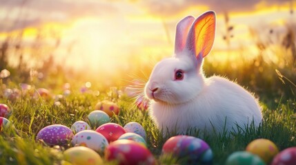 Cute white rabbit among colorful Easter eggs during sunset in a grassy field