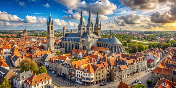 Panoramic View of Tournai's Notre-Dame Cathedral and Historic Cityscape, Belgium