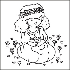 lines and color: girl in a meadow sitting in the grass in Spring