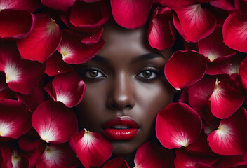Farbige schöne Frau mit roten Lippen lugt zwischen roten Blütenblättern hervor