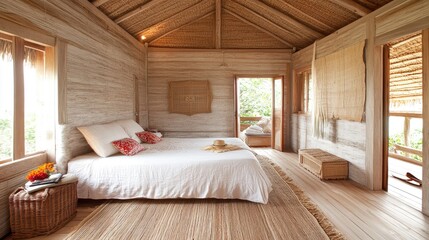 A beach-inspired minimalist bedroom with natural textures, soft colors, and open space.