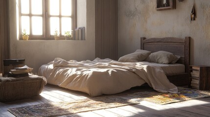 Obraz premium A beautifully arranged Nordic-style bedroom with harmonious textures, earthy tones, and minimalist elegance.