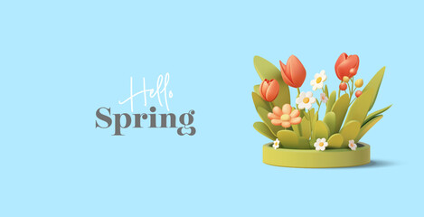 Spring bright flowers on a green podium, 3D. Hello, spring. Holiday greeting. Floral decor, green plants. Blue banner. Vector © YarM