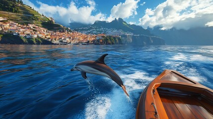 Dolphin Swimming Close to Boat on Sunny Spring Day
