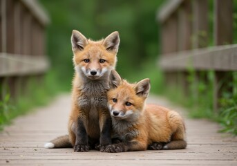 Naklejka premium Two young fox kits sitting on a wooden path, one sitting up with a curious expression and the other lying down with its head resting on the first kit's back.