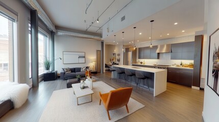 Modern open concept apartment featuring living area and kitchen