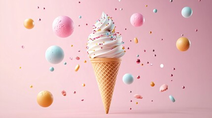 3D Ice Cream Cone with Assorted Flavored Scoops Icon