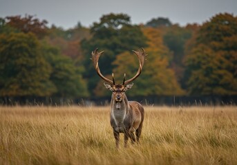 A majestic stag with large antlers standing in a field of golden grass, facing the camera in a serene, natural setting.

