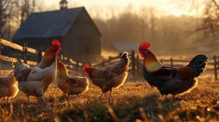 Chickens and rooster on a rural farm during sunrise in a serene countryside setting