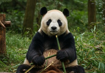 Obraz premium A photo of a giant panda sitting in a bamboo forest, holding a bamboo stalk, looking calm with a serene expression.