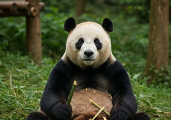 A photo of a giant panda sitting in a bamboo forest, holding a bamboo stalk, looking calm with a serene expression.

