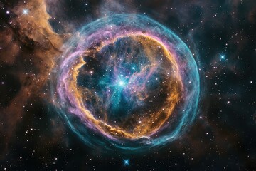 Obraz premium A breathtaking cosmic bubble nebula glows with vibrant colors, showcasing intricate gas and dust formations in deep space.