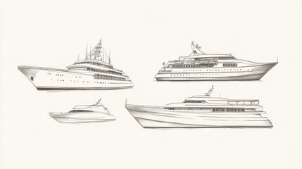 Fototapeta premium Luxury Yacht Sketches, Various Designs, Elegant Vessels, Side Profiles, Illustration