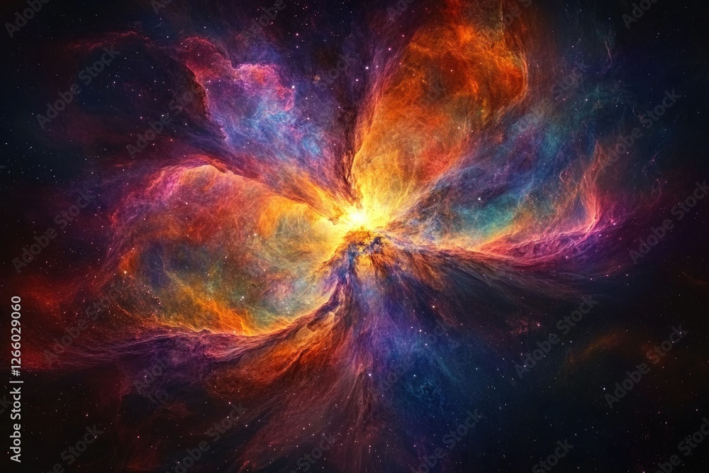 Poster a vibrant nebula explodes with fiery colors and cosmic dust, a breathtaking display of celestial bea