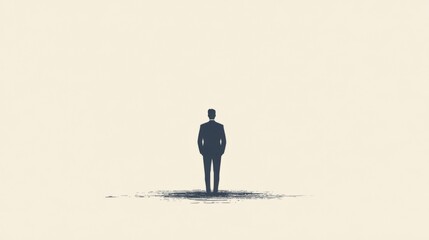 Obraz premium Man in suit standing alone, facing away, light background, uncertainty concept, business illustration
