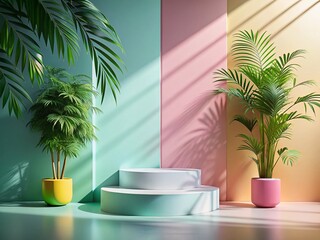 Obraz premium Pastel Minimalist Product Photography Backdrop: Soft Light, Plant Shadows & Copy Space