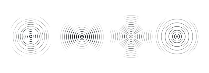 Set of vector black rings with sound waves, interrupted lines and dots. Rings with radial lines. Target icon, epicenter.  Concentric vortex circles.