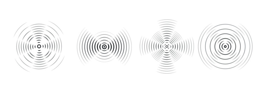 Set of vector black rings with sound waves, interrupted lines and dots. Rings with radial lines. Target icon, epicenter.  Concentric vortex circles.