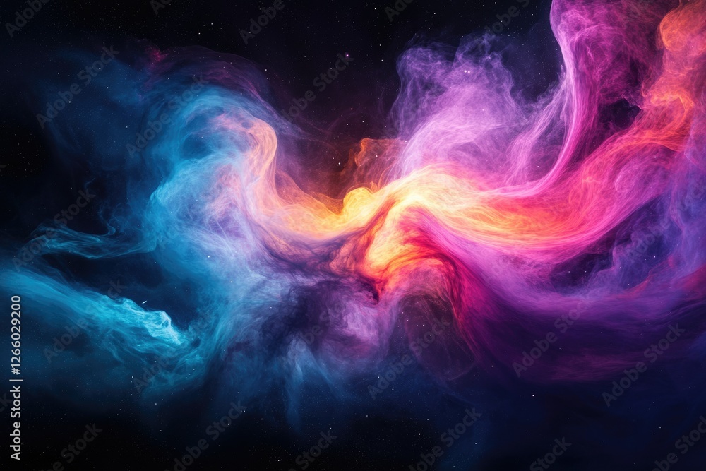 Poster cosmic swirls of vibrant nebulae in deep space, a breathtaking celestial dance of color and light.