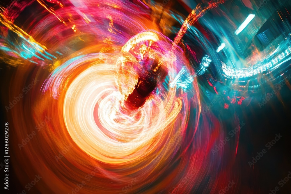 Poster abstract swirling vortex of vibrant colors, capturing dynamic energy and light trails.