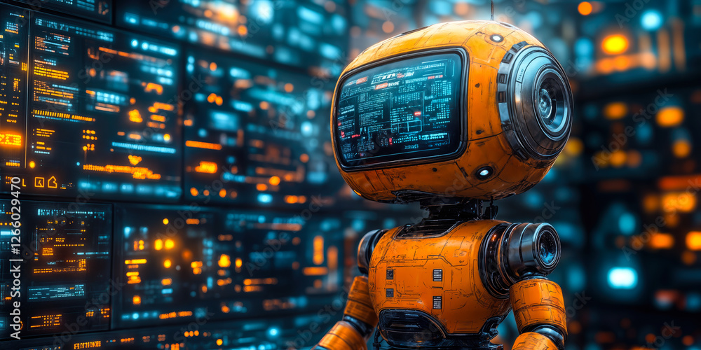 Poster futuristic robot with digital interface display in data center, artificial intelligence technology c