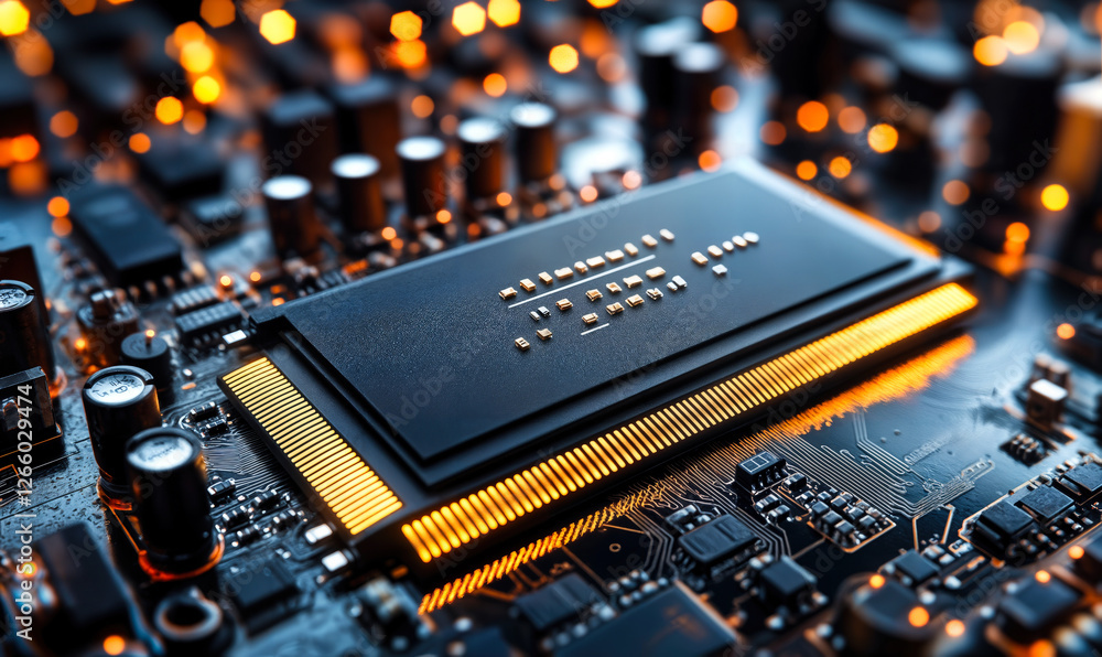 Poster closeup of advanced computer processor on circuit board with glowing elements in high-tech manufactu