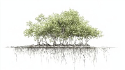 Mangrove forest roots, illustrative style, detailed roots, nature, isolated, white background, environmental, educational