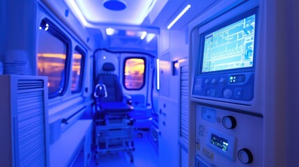 A compact emergency ventilator designed for field use, placed inside an ambulance.