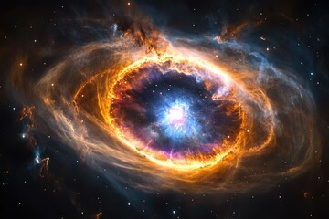 Obraz premium A vibrant nebula with fiery orange and blue hues, showcasing a cosmic explosion within a swirling gaseous cloud.