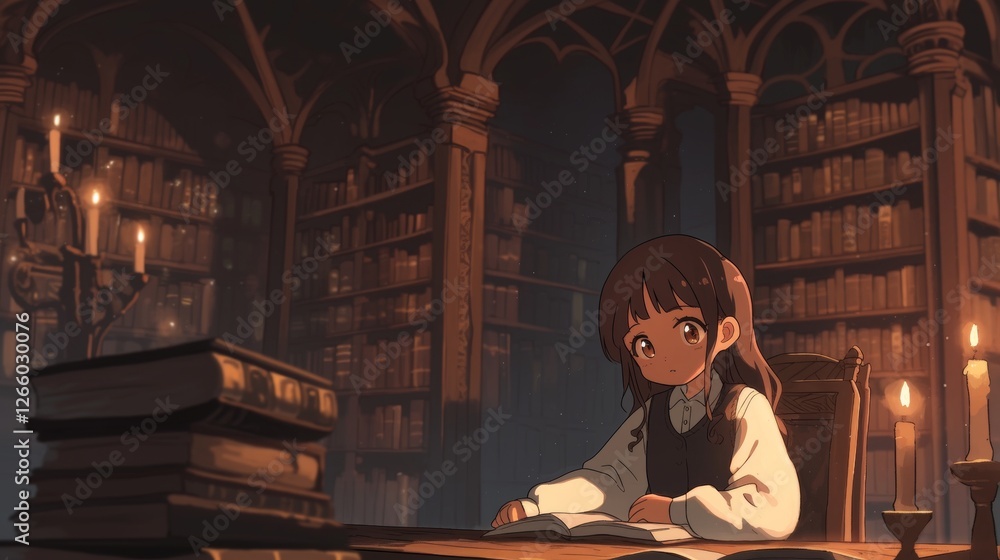 Poster Young apprentice studying a large magic book in a dimly lit ancient library, illuminated by candlelight and surrounded by towering bookshelves filled with mystical texts