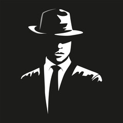 Detective theme simple vector. Silhouette of man wear hat, shirt with a tie and coat. Investigator black logo design. Agent Illustration.