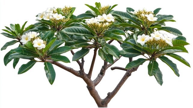 A dense bakul maulsari tree with glossy leaves and fragrant white flowers, set against a white background. No people, no text.