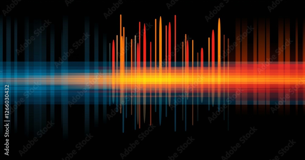 Poster glowing abstract colorful audio spectrum lines dance across a black background, creating a vibrant a