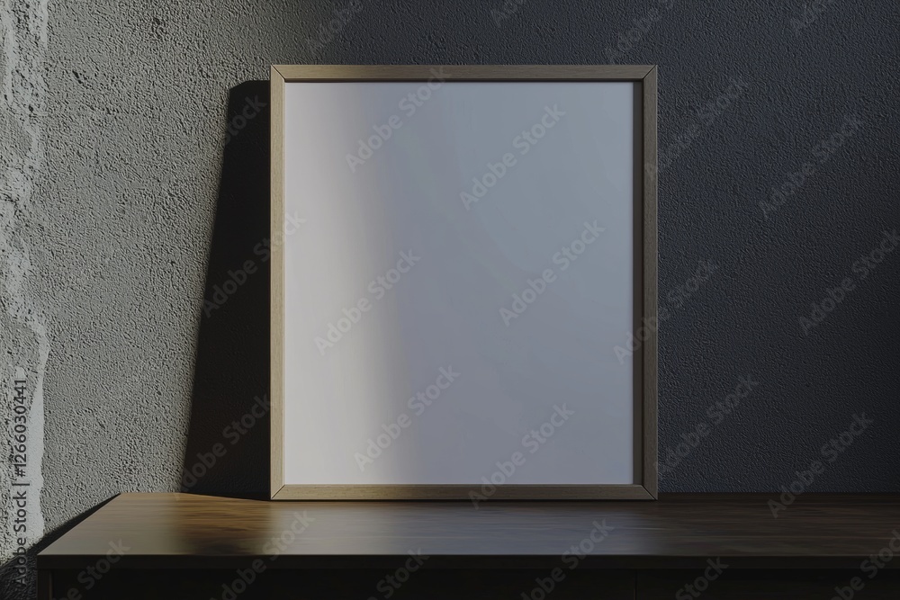 Aufkleber empty frame with white background leaning on dark table against textured wall with dramatic lighting