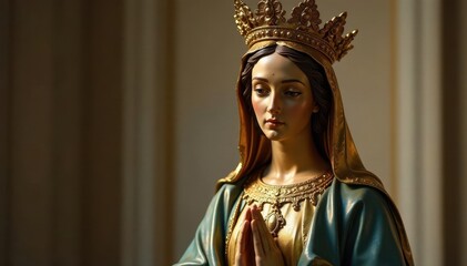 Gilded bronze statue of the Virgin Mary by Bernini, showcasing elegant proportions and subtle emotional expression , artistic proportion, bronze statues, Bernini sculptures