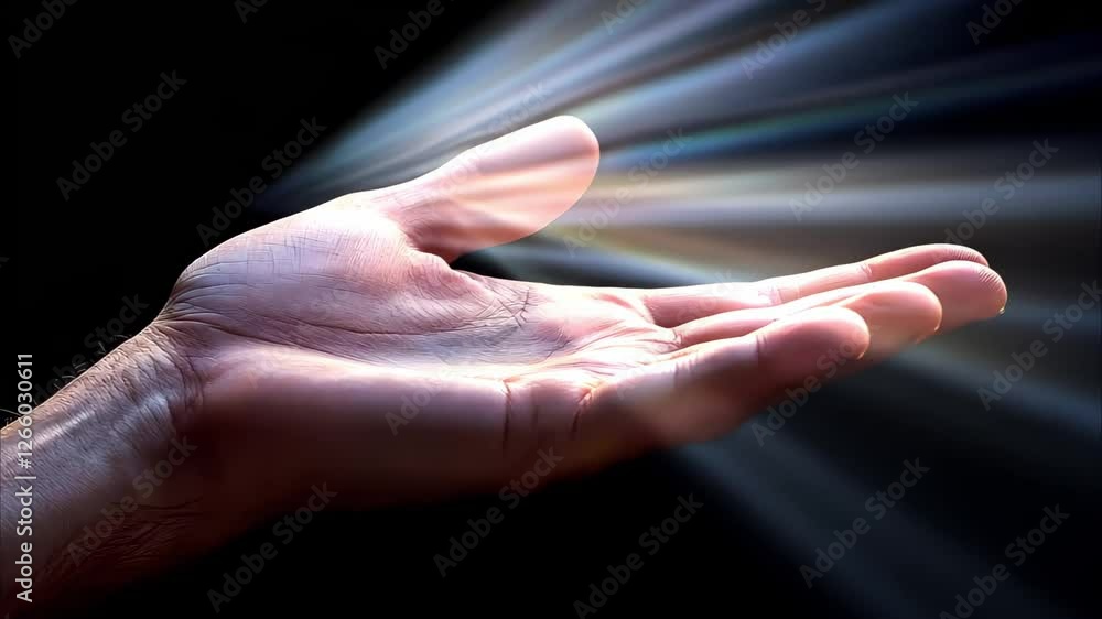 Poster a hand is extended with light rays emanating from the palm, creating a mystical or magical effect.