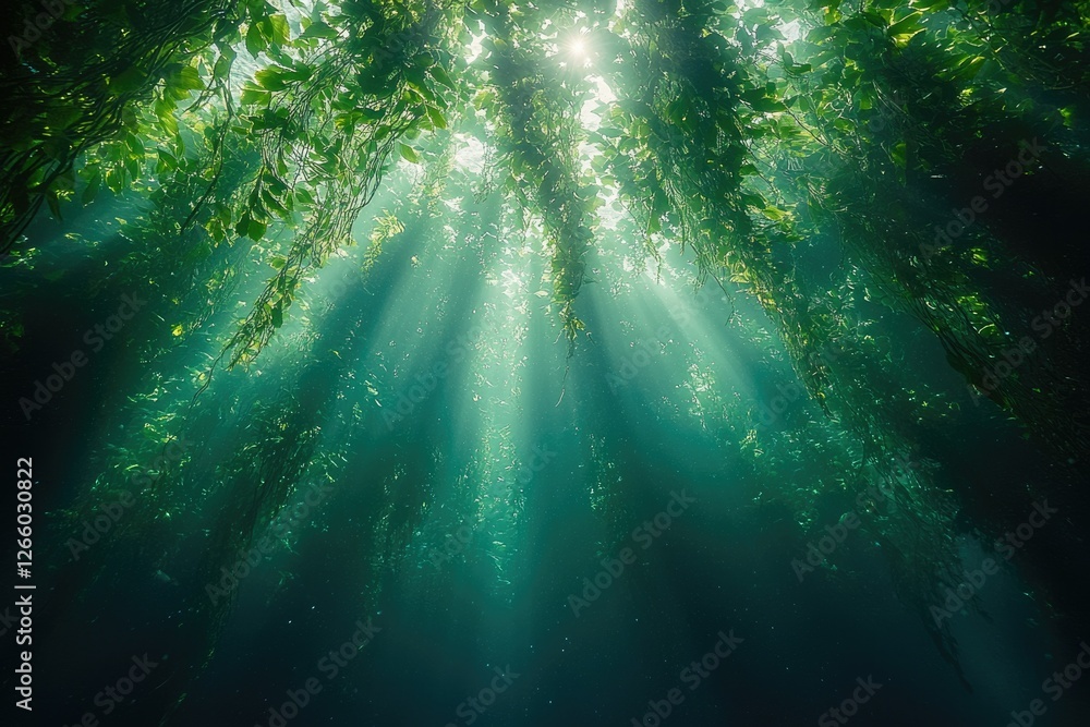 Poster sunbeams illuminate an underwater kelp forest, creating a magical, ethereal scene.