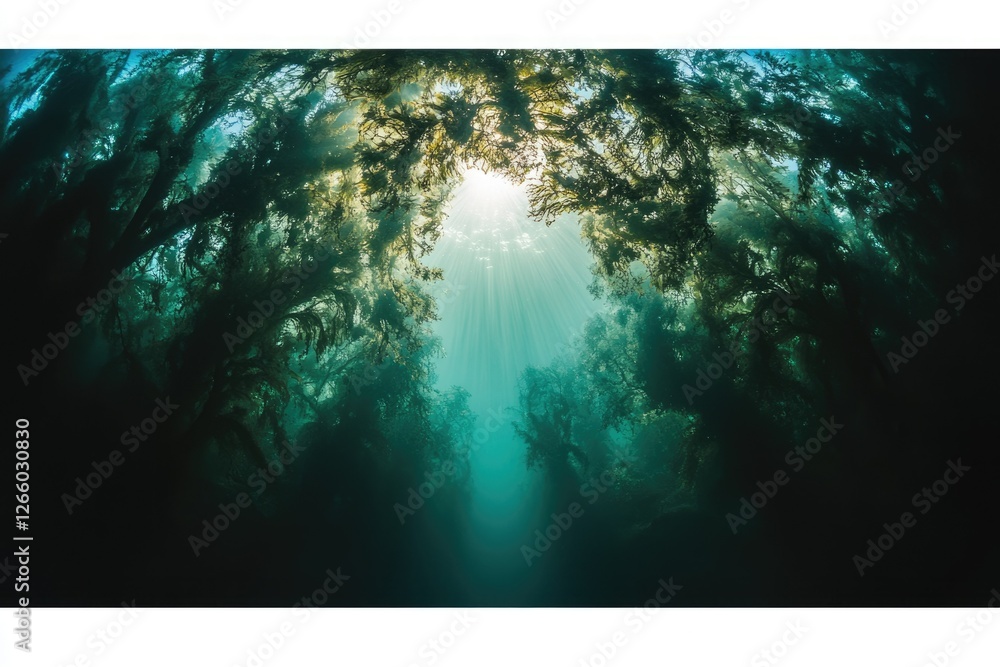 Poster sunbeams pierce through a dense underwater kelp forest, creating a mystical, ethereal scene.