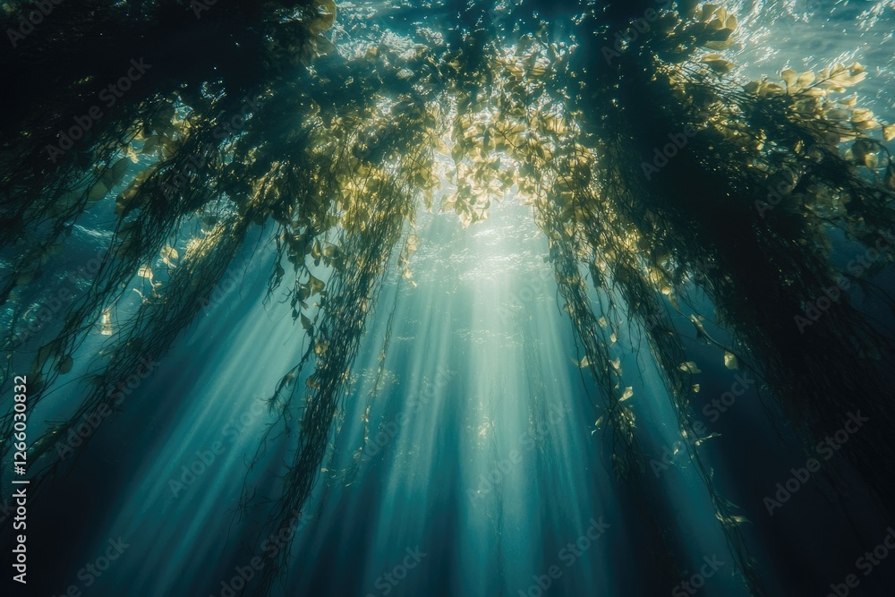 Poster sunbeams penetrate a dense kelp forest, illuminating the underwater scene with ethereal light.