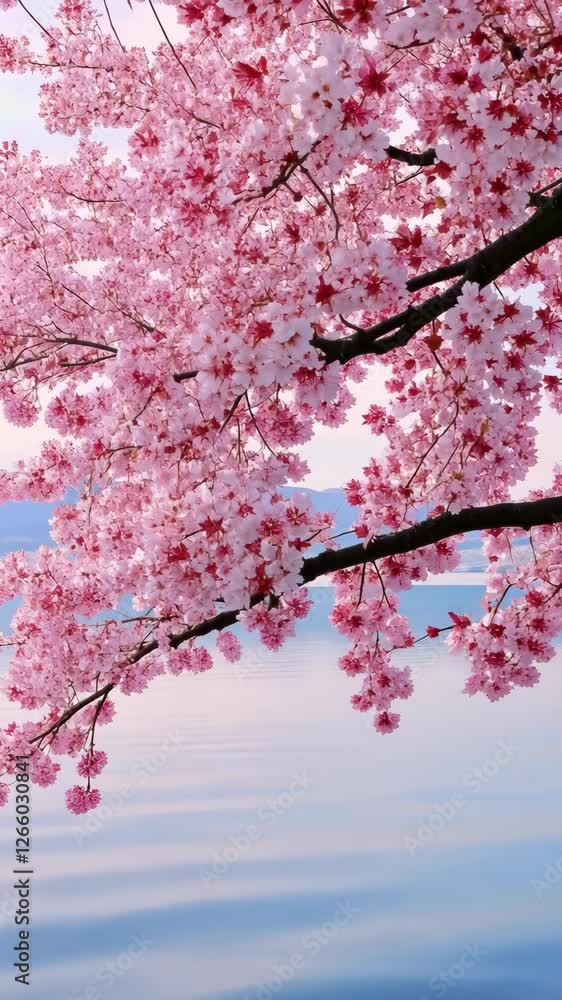 Poster blossoming cherry trees frame a tranquil waterfront view during springtime in a serene setting