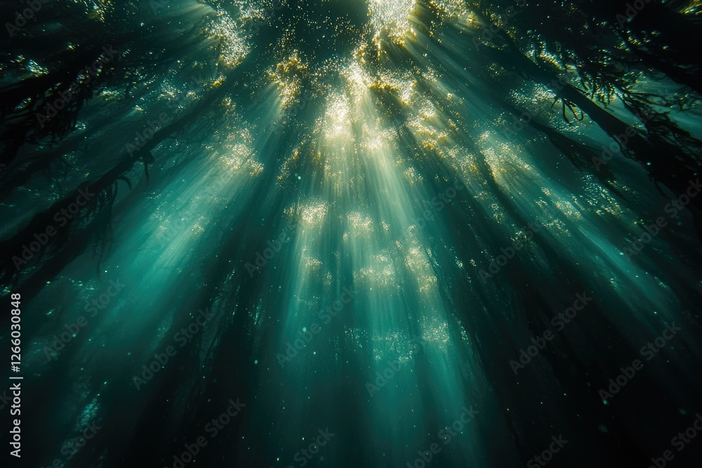 Poster sunbeams pierce the dark underwater world, illuminating kelp forest and creating a magical, ethereal