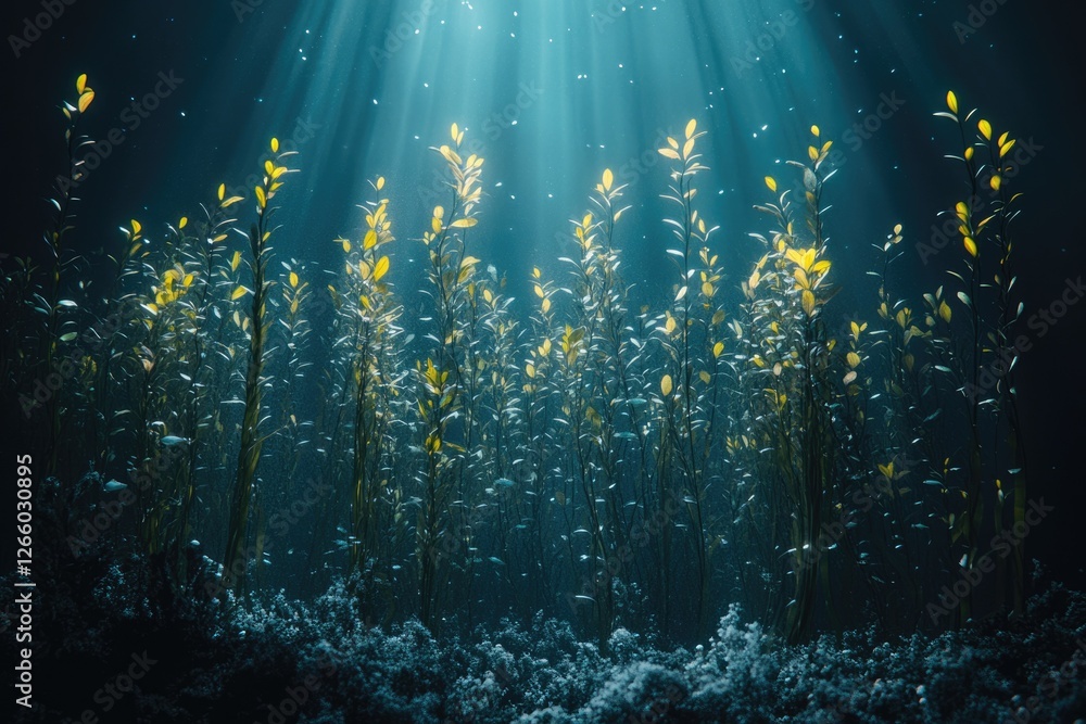 Poster sunbeams illuminate an underwater kelp forest, creating a serene and magical scene.