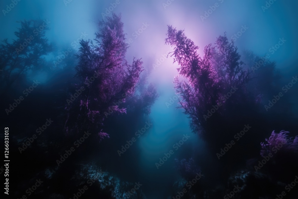 Poster ethereal underwater scene with purple-hued kelp forest bathed in soft light, creating a mystical amb