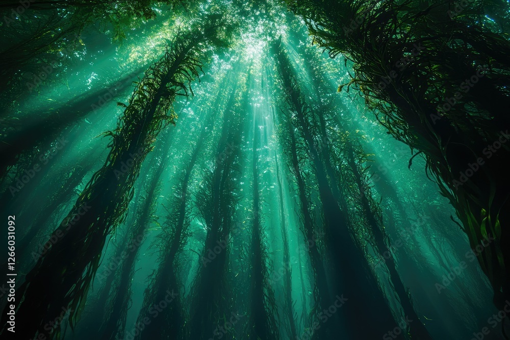 Poster sunbeams illuminate an underwater kelp forest, creating a mystical, ethereal scene.